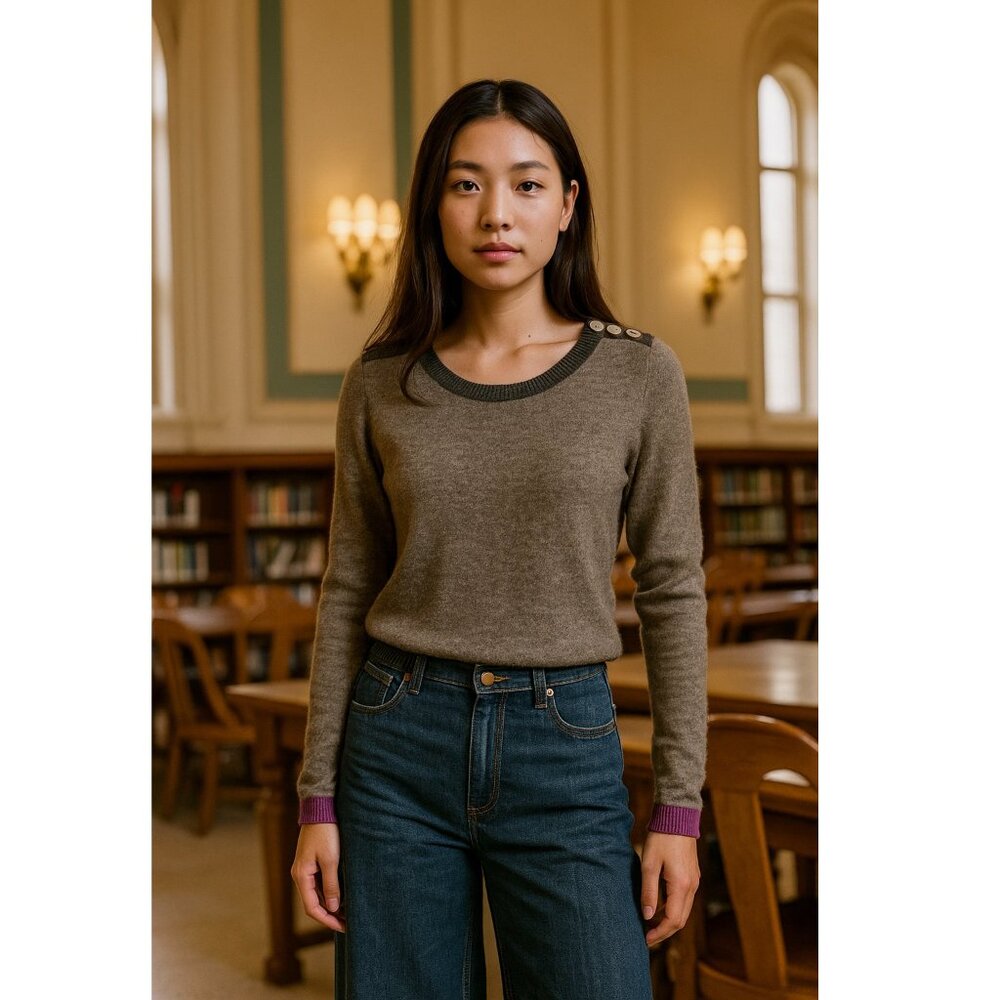 LABEL+THREAD women's Cashmere luxe button neck pullover Medium